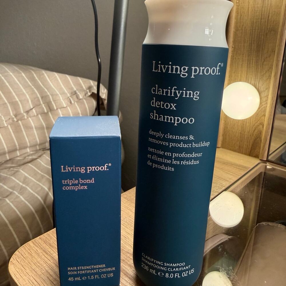 Living Proof clarifying detox, shampoo, and triple bond complex